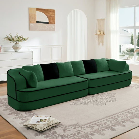 SOULART 134.7" Cloud Couch, Green Teddy Fabric Sectional Sofa for Living Room, No Assembly Fluffy Comfy Couch with Contrast Color Design