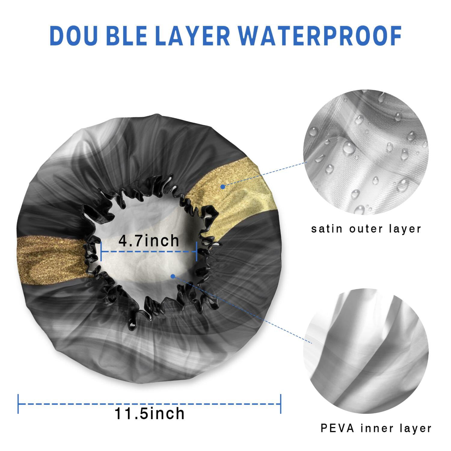 Shower Caps,Black Marble Gold Wave Pattern Waterproof Shower Cap for Women 4 Pieces,Double Reusable Hair Cover for Shower PEVA Elastic Stretch Hem