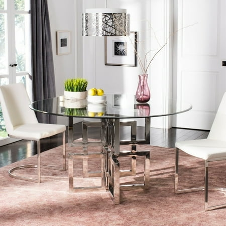 Safavieh Couture Harlan Chrome Round Gl Top Dining Table Polished Stainless Steel 54 W X D 29 5 H