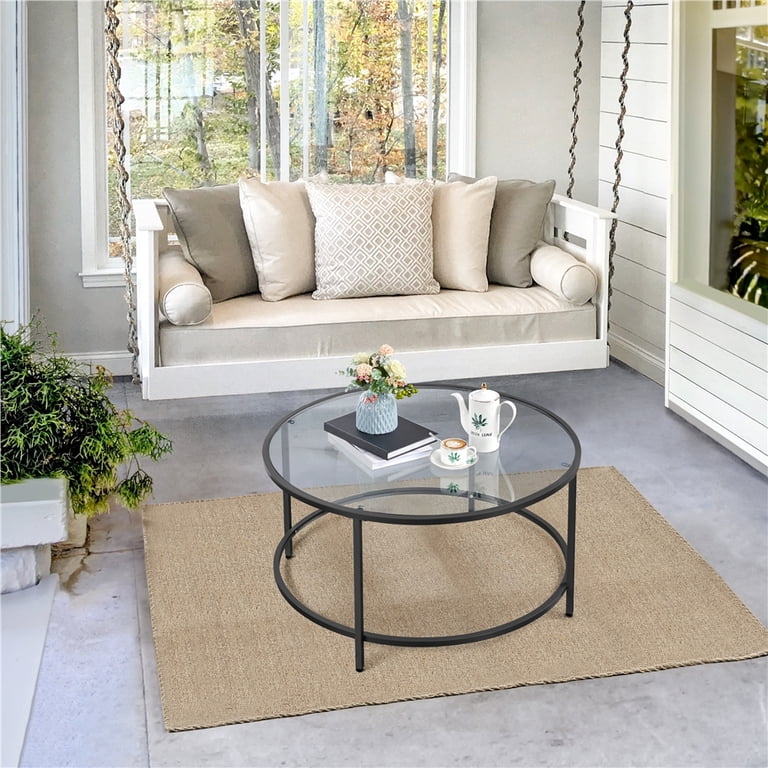 Renwick Round Glass-Top Coffee Table, Black Metal Frame photo 2