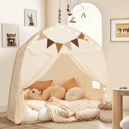 Extra Large Toddler Bed Tent & Kids Play Tent Bed Tent with Flags & Star Lights Portable & Foldable Teepee Indoor Outdoor Dome Tent Playhouse 51x39x51 in Cream