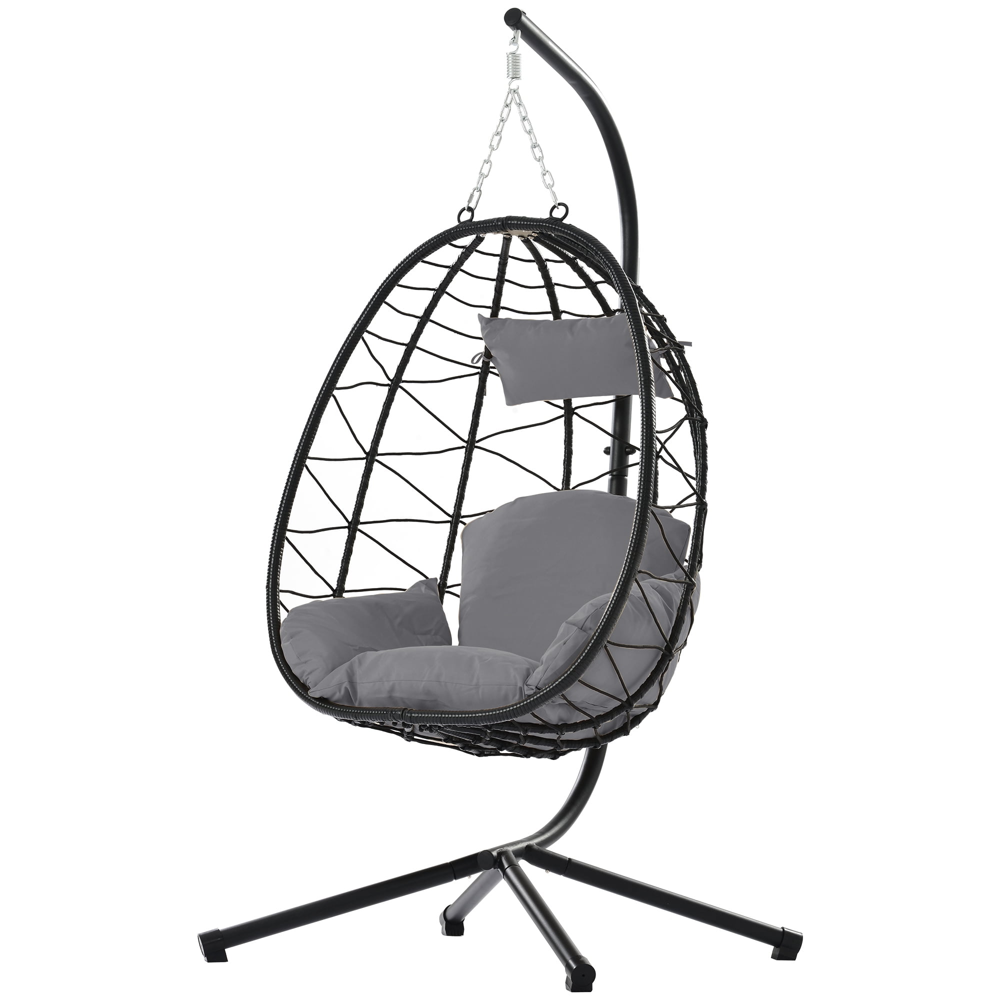 Egg Chair with Stand, Indoor Outdoor PE Wicker Hanging Egg Chair, Patio Swing Chair Basket Chair Hammock Chair with Stand for Bedroom Living Room Balcony, Dark Gray
