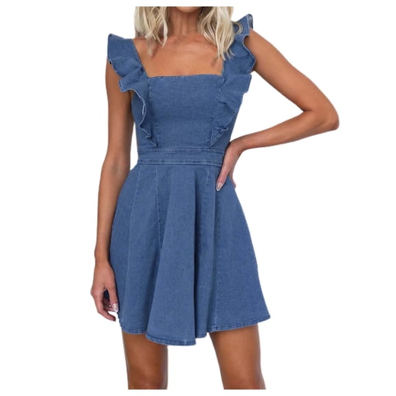 OSOLU Solid Color Summer Fashion Denim Dress For Women Casual Flowy Sleeve Open Back Jean Leisure Sundress Wedding Guest Dresses For Women