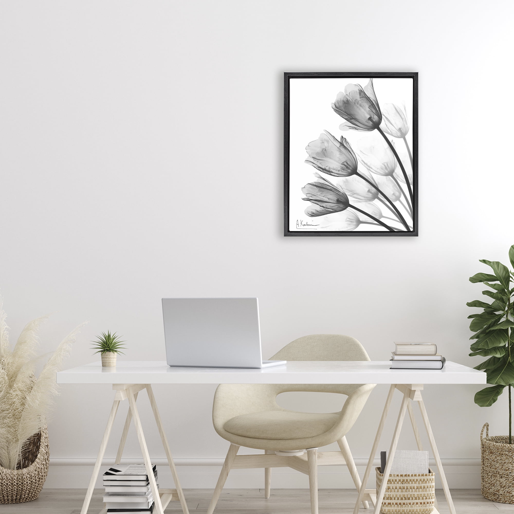 Stupell Industries Minimalist Tulip Fan Black Framed Floater Canvas Wall Art, design by Albert Koetsier