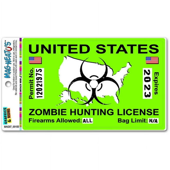 Zombie Hunting License Permit Green United States Biohazard Response Team Automotive Car Refrigerator Locker Vinyl Magnet