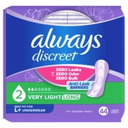Always Discreet Incontinence Panty Liners for Bladder Leaks, Size 2, Very Light Absorbency, Long Length, 44 Count