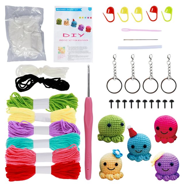 Crochet Kit for Beginners Small Octopus Crochet Knitting Kit Adorable Animal Crochet Starter Pack with 5 Colors Thread Stuffing Keychain DIY Crochet Craft Kit with Video for Adults Kids