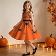 thumbnail image 4 of Girls' Halloween Zip Dress Spooky Tree Bat Print Sleeveless Round Neck Satin Bow Belt Flared Swing Skirt Kids Party Costume for Girls 4-14Y, Halloween Costumes for Girls Orange 7 Years, 4 of 9