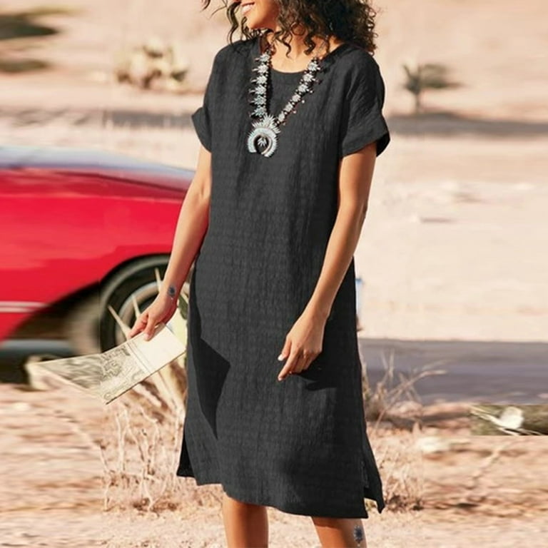 Knee Length Plain Black Tshirt Dress VSSSJ Casual Summer