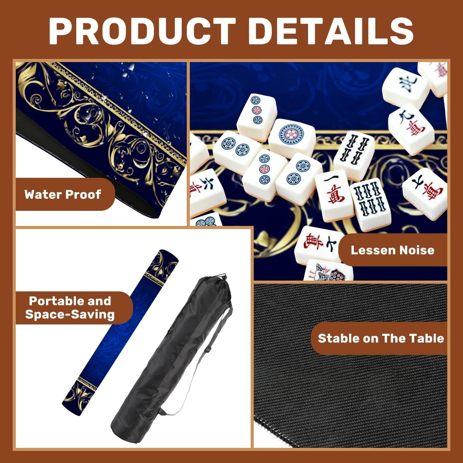 Mahjong Mat 31.5" x 31.5" Elegant Golden Ornate Frame Blue Floral Patterns Non-Slip Noise Reduction Mahjong Tiles Table Cover for Dominoes Poker Card Board and Tile Games Gift