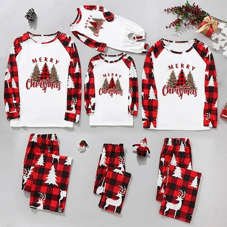 

ZCFZJW Rollbacks Christmas Holiday Family Matching Onesies Pajamas Cute Leopard Red Plaid Xmas Tree Print Long Sleeve T Shirts Tops and Pants Two Piece Soft Parent-child Homewear Suit(Mom-S)