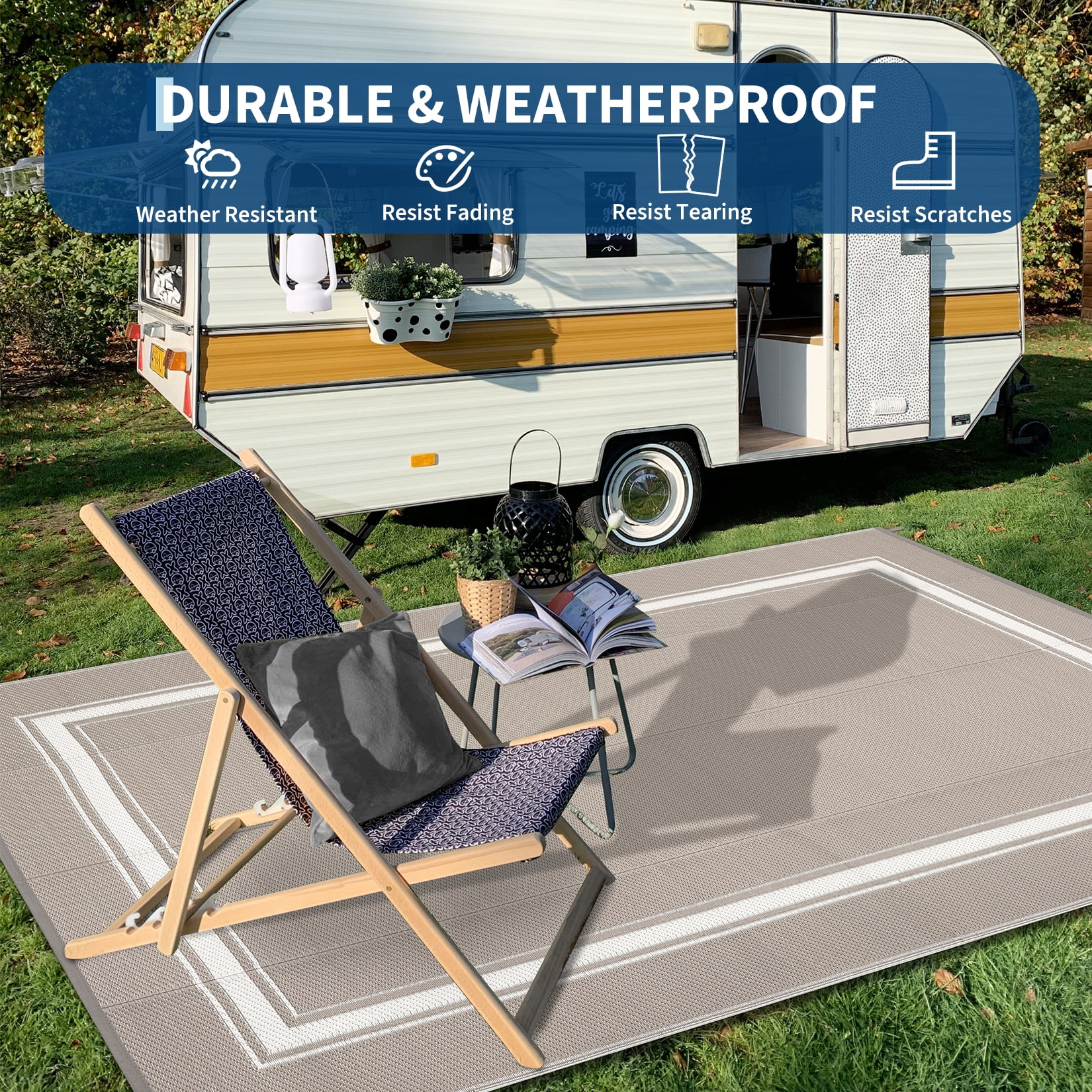 Garvee 9'x18' Waterproof Outdoor Rug, Reversible Patio Area Rug Indoor Outdoor Carpet, Plastic Modern Geometric Carpet for RV Camping Deck Balcony Porch Picnic, Gray Coffee