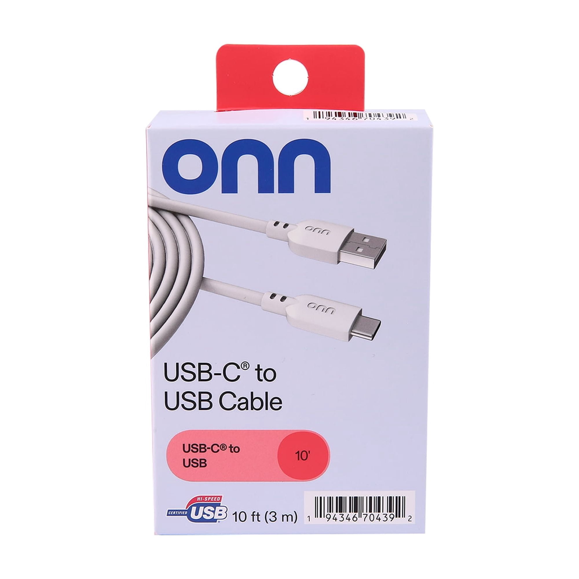 onn 10-Foot USB-C to USB-A Cable, White