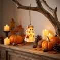 thumbnail image 4 of Lighted Patchwork Ghost Halloween Ornament Cute Resin Hanging Decor with Pumpkin Bucket and Bow, 4 of 7