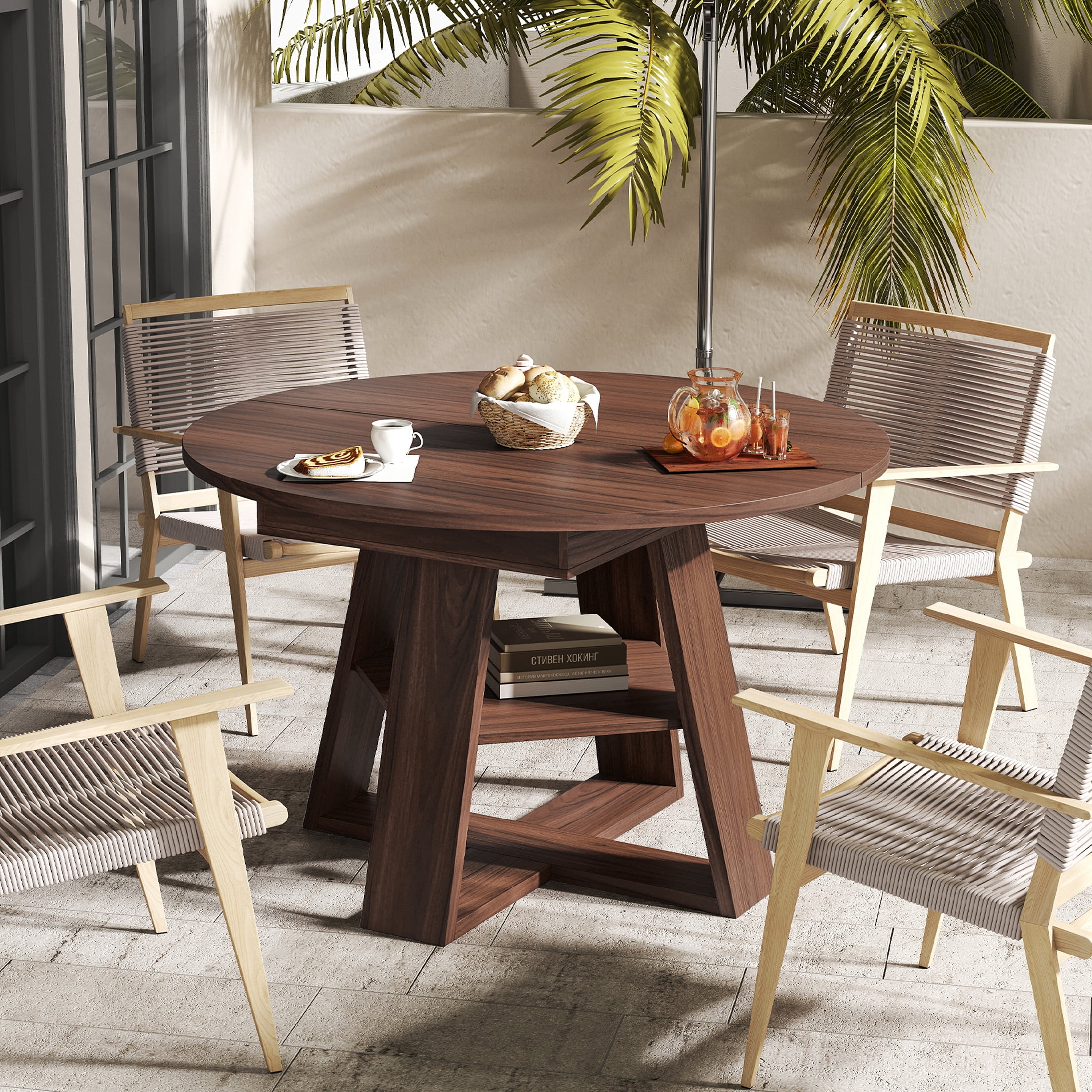 Hawsaiy 43.3-59 in Extendable Oval Dining Table for 4-6, Space-Saving Round Kitchen Table with Hidden Leaf Storage & Bottom Shelf for Small Space, Walnut