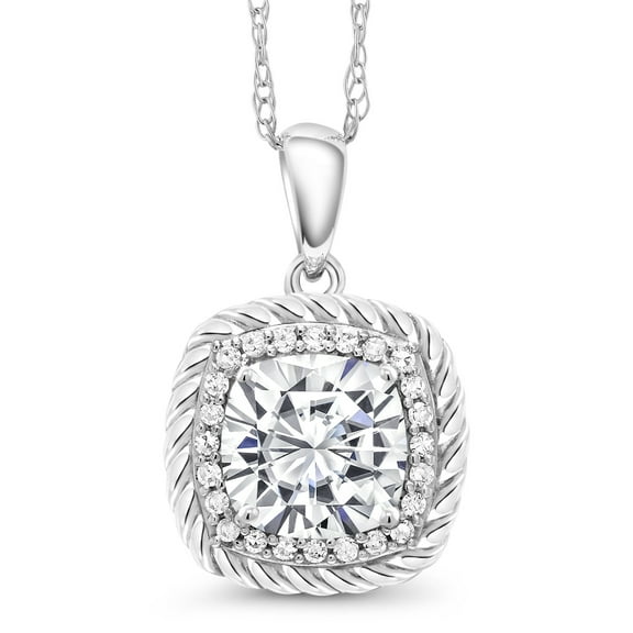 Gem Stone King 10K White Gold Cushion White Moissanite and White Diamond Pendant Necklace for Women (1.87 Cttw, with 18 inch Chain)