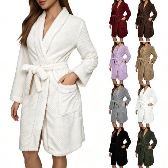 YanHoo Robe for Women Short Soft Spa Robes Fleece Absorbent Towel Bathrobes Warm Terry Cloth Bathrobe Knee Length Kimono Housecoats