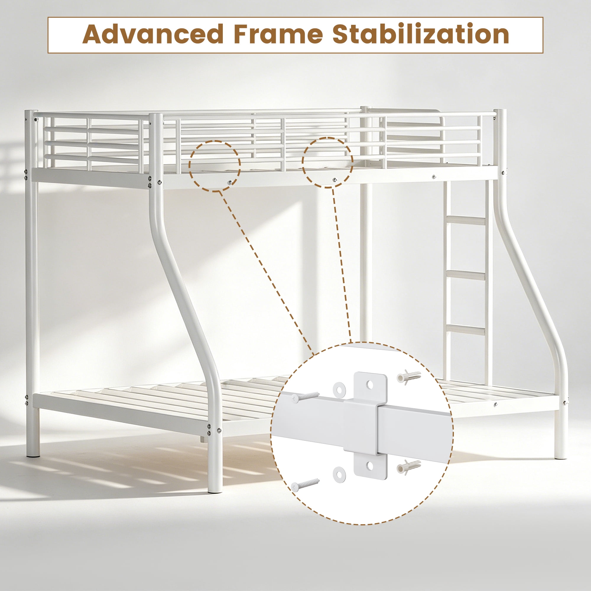White Twin Over Full Metal Bunk Bed Frame with Safety Guardrail & Ladder, Sturdy Steel Bed, Noise-Free, No Box Spring Needed for Bedroom Dorm
