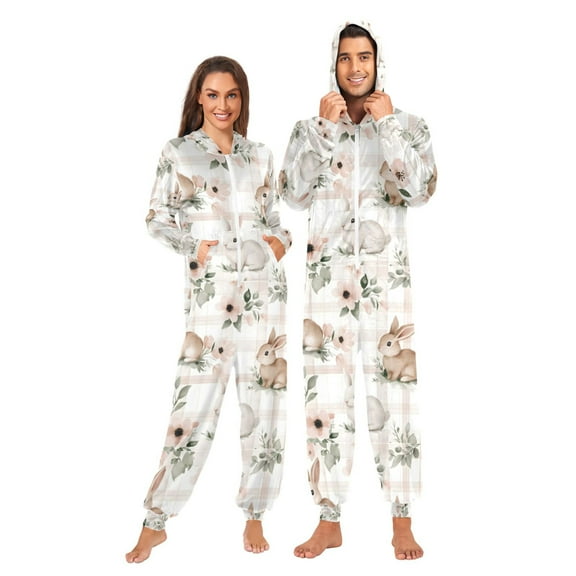 Adult Christmas Onesie Cute Beige Rabbit Zipper One-Piece Pajamas Unisex with Pockets