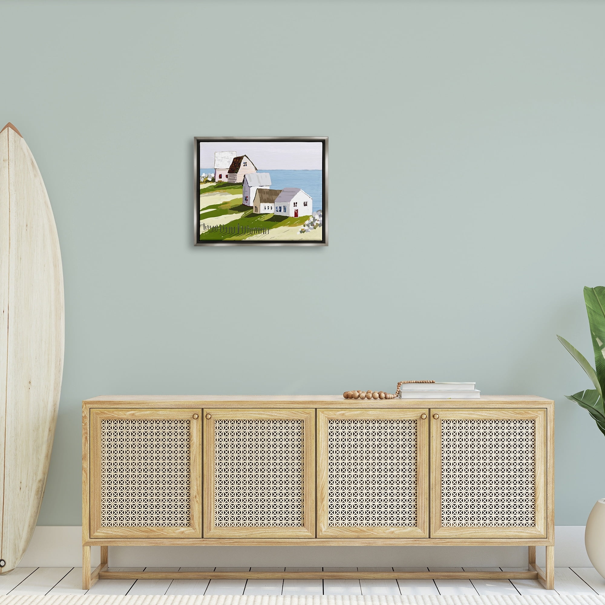 Stupell Industries Quaint Seaside Cottages Overlooking Vast Ocean Landscape Graphic Art Luster Gray Floating Framed Canvas Print Wall Art, Design by Tina Finn