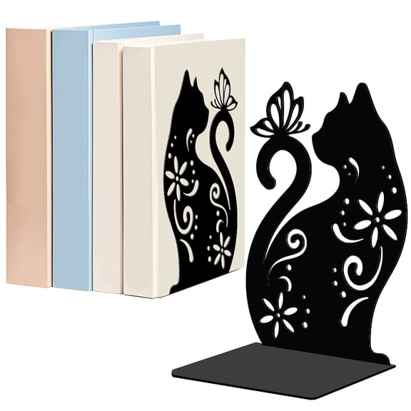 Cat Flowers Metal Bookends for Shelves Decorative 1 Pair Animal Heavy Duty Books End Support Non-Skid Book Holder Black L-Shaped Book Stopper