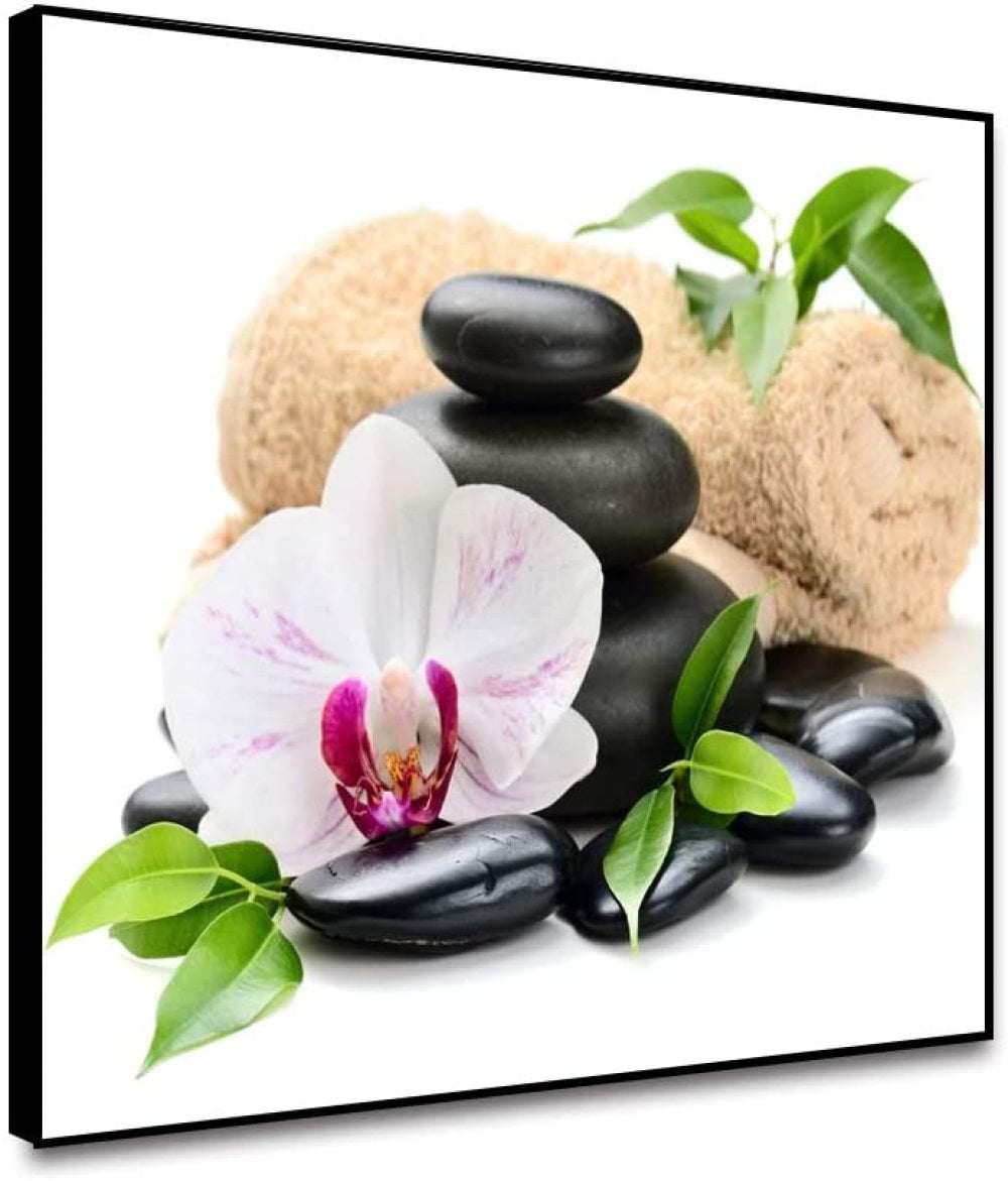 MilcTabe Spa Canvas Wall Art Black Zen Basalt Stones Green Leaves White