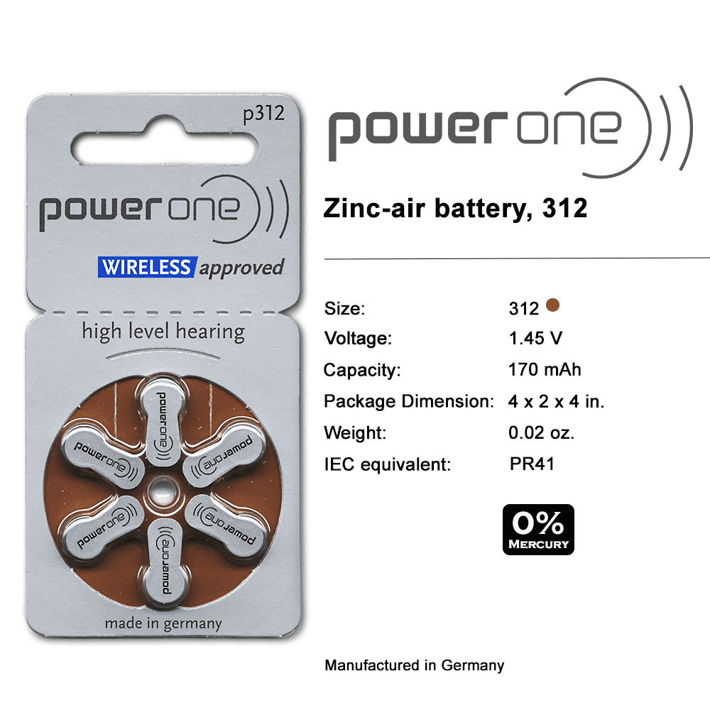 PowerOne Mercury Free Size 312 2 Pack 60 Batteries 