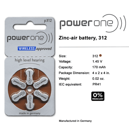 Power One Size 312 Zinc Air Mercury-Free Hearing Aid Batteries (60 Pack)