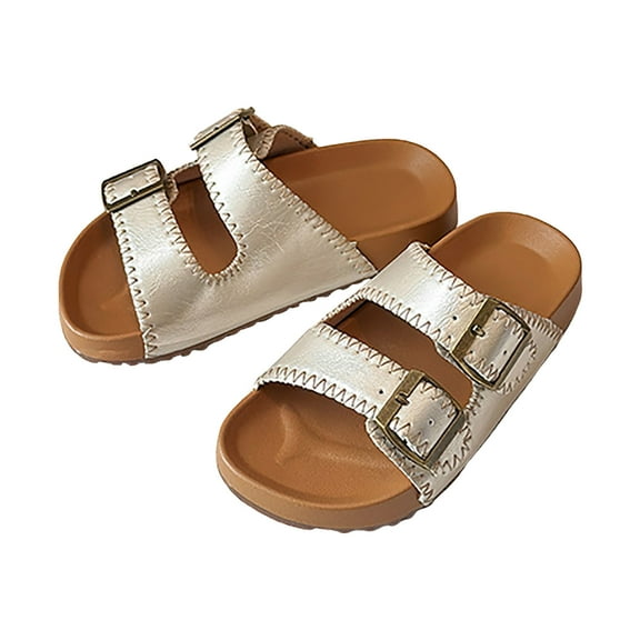 Mepaouo Boys Girls Slide Sandals Cork Footbed Slippers Double Buckle Comfort Slip on Shoes Gold 9