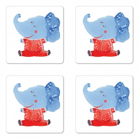 

Watercolor Elephant Coaster Set of 4 Animal Doing Exercise in Sport Clothes Kids Fun Pattern Square Hardboard Gloss Coasters Standard Size Pale Azure Blue Red by Ambesonne