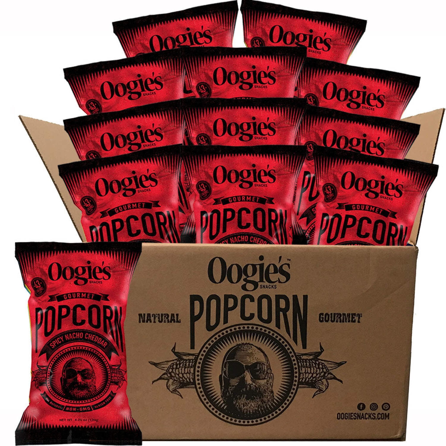 Oogie’s Snacks Gluten-Free Spicy Nacho Cheddar Popcorn, 4.25 oz Big Bags (4 Count)