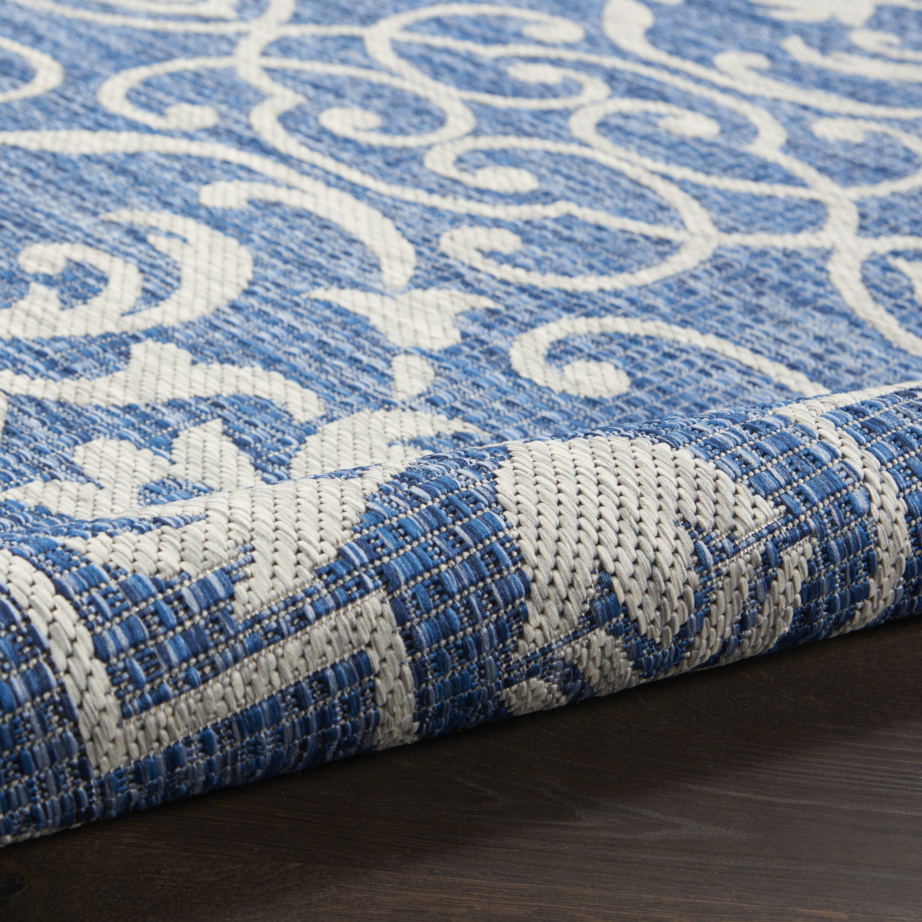 Nourison Garden Party Indoor/Outdoor Transitional Damask Denim 2'2" x 7'6" Area Rug, (8' Runner)