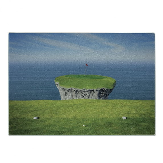Golf Cutting Board, View of an Impossible Golf Link Viewed from the Tee Box by the Ocean, Decorative Tempered Glass Cutting and Serving Board, in 3 Sizes, by Ambesonne