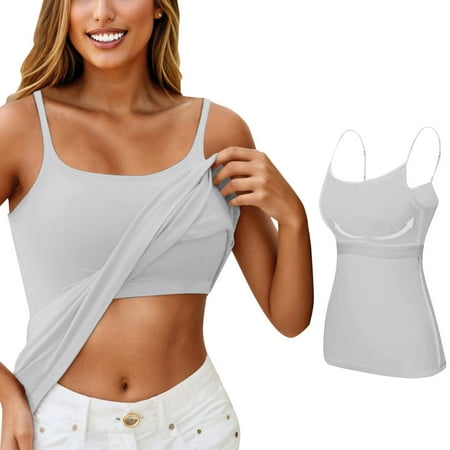 Fshinging Solid Color Tube Tops Summer Adjustable Push Up Camisole With Built In Bra Sleeveless T-Shirt Spaghetti Strap Padded Vest