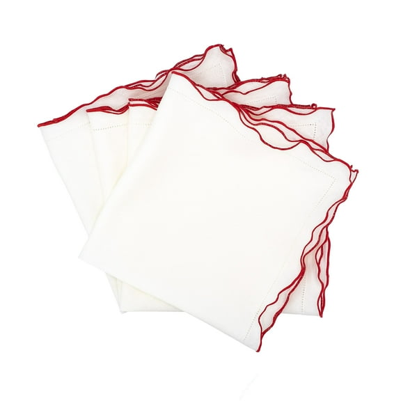Linen Napkins With Red Scalloped Hemstitch Edges, Set of 4