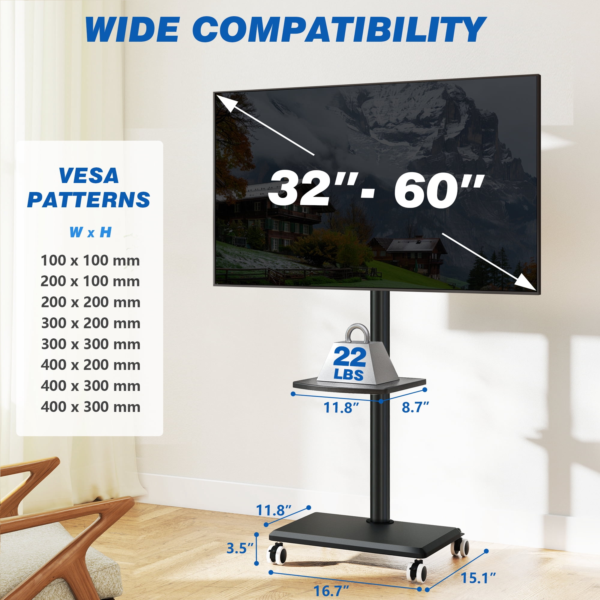 RTVR Rolling Mobile TV Cart Stand with Mount for 32-60 inch Screens, Corner Swivel TV Mount Stand with Media Shelf, Wooden Base Furniture