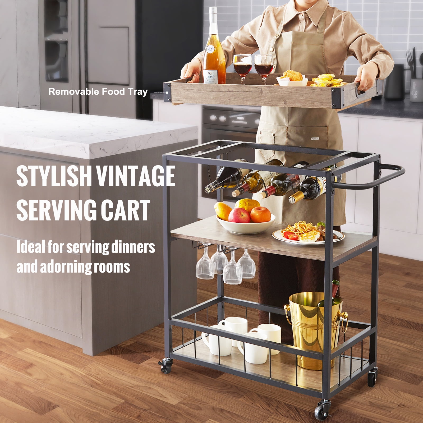 BENTISM 3-Tier Bar Serving Cart Rolling Trolley with Wine Grid Glass Holder 110lbs