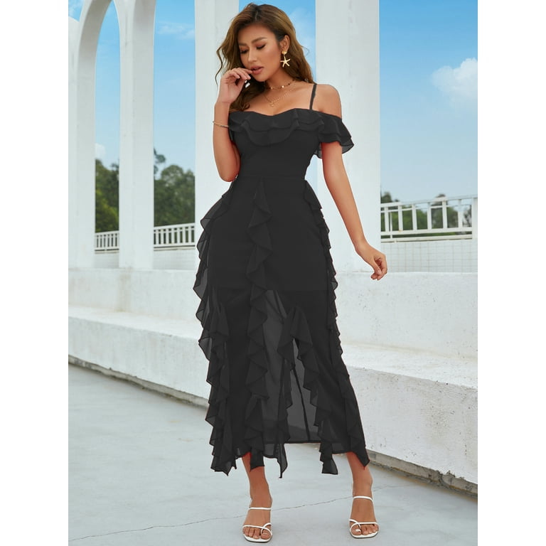 EILLY BAZAR Women's Cold Shoulder Layered Ruffle Trim Split Thigh Dress  Black Sizes From XS To L - Walmart.com