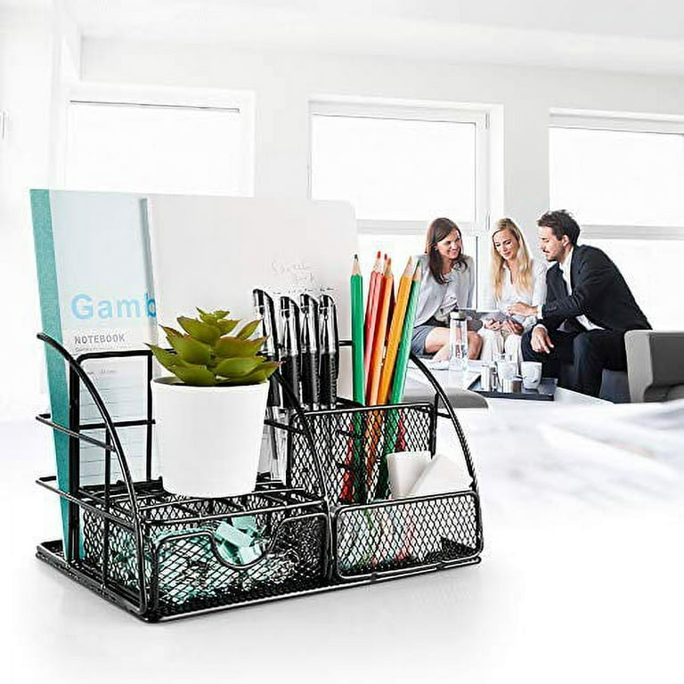 AUPSEN Rose Gold Desk Organizer for Women Mesh Office Supplies Desk Accessories Features 5 Compartments + 1 Mini Sliding Drawer