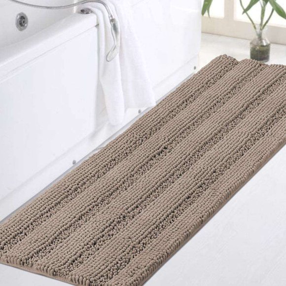 Non-Slip Soft Chenille Bath Mat High Water Absorbent for Bath Room/Kitchen Machine-Washable, Perfect for Doormats,Tub,Size 47" X 17",Striped Pattern,Taupe