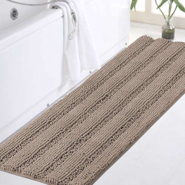 Non-Slip Soft Chenille Bath Mat High Water Absorbent for Bath Room/Kitchen Machine-Washable, Perfect for Doormats,Tub,Size 47" X 17",Striped Pattern,Taupe