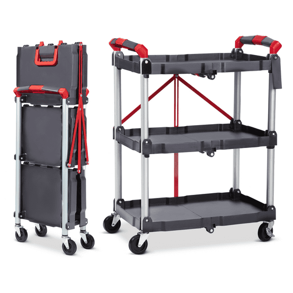 JoanKaren 3 Tier Folding Utility Service Cart with Wheels,Collapsible Rolling Service Carts,Gray