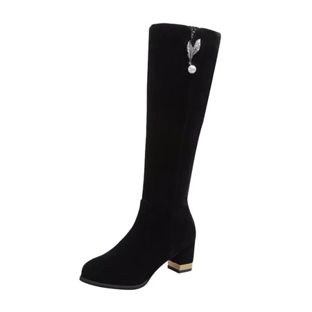

GNEIKDEING Women s Shoes Solid Color Suede Long Boots Pearl Rhinestone Leaf Thick Heel High Heel Knee Boots Gift on Clearance