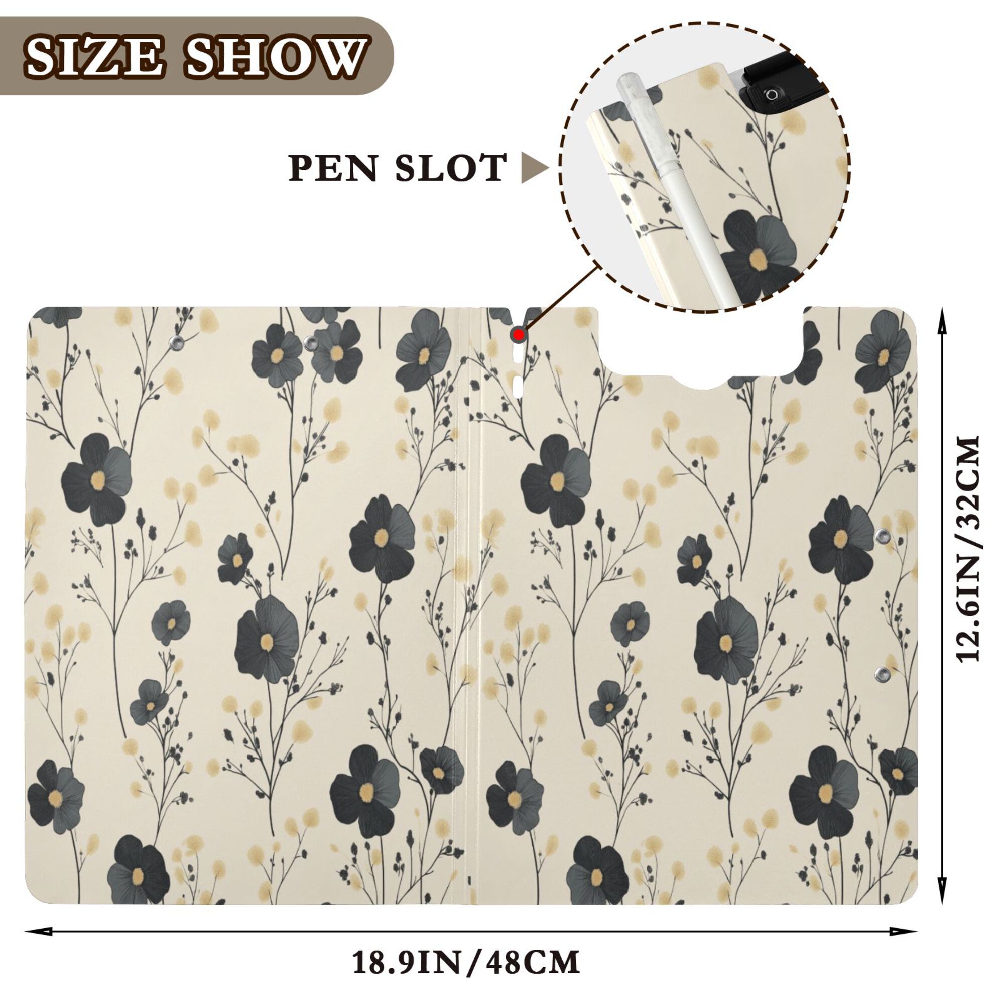 FORMRS A4 Clipboard Folder with Pen Holder Horizontal Foldable School Office Binder, Small Black Flowers