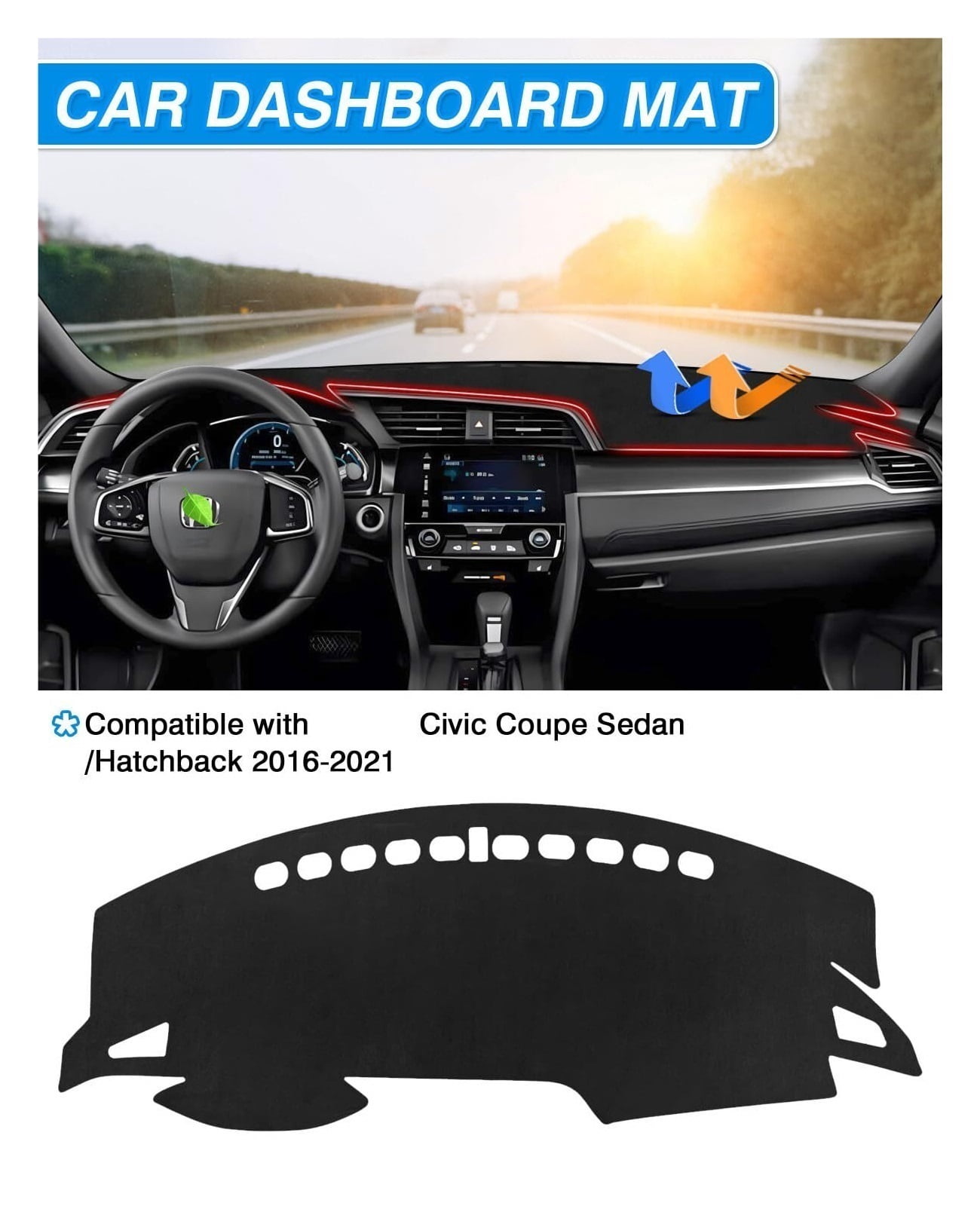 SUGUANGHUI Dash Cover Fits for Civic Coupe Sedan/Hatchback 2016-2021 Dashboard Cover for Civic Accessories Non-Slip Dash Mat Carpet Anti-Glare Sunshade, Car essentials