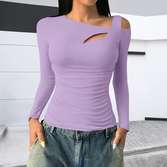 HLKJKLS Long Sleeve Shirts For Women Asymmetrical Neck Ribbed Pullover Long Sleeve Tight Basic Top Cotton Purple S-3Xl
