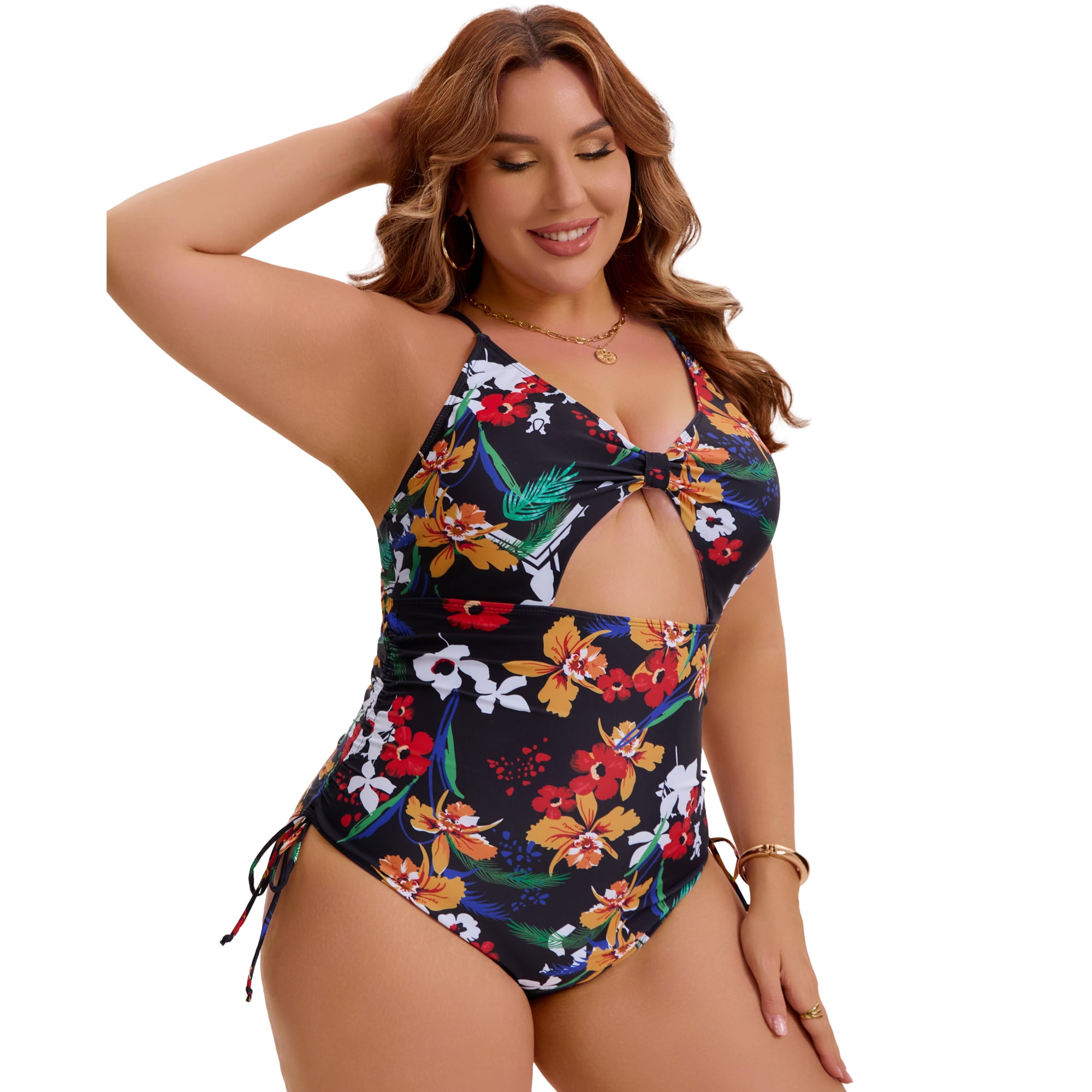 DARING DIVA Women's Plus Swimsuit Tummy Control Cutout Monokini 1X Yellow Red Floral