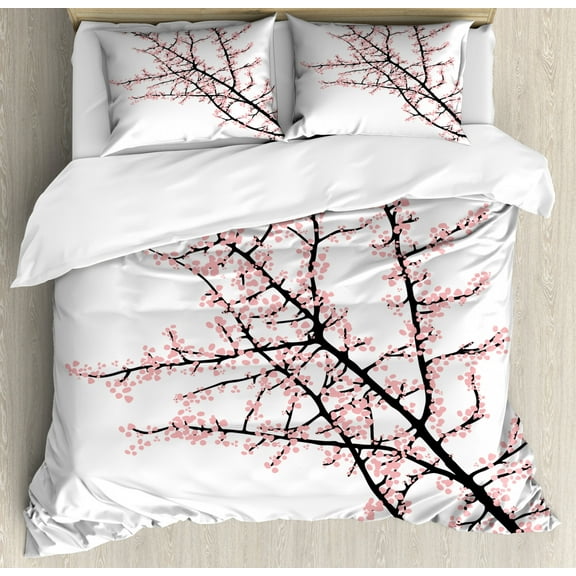 Floral Duvet Cover Set King Size, Cherry Branch with Pink Blossom Traditional Style Illustration Asia Culture Themed, Decorative 3 Piece Bedding Set with 2 Pillow Shams, Pink Black, by Ambesonne