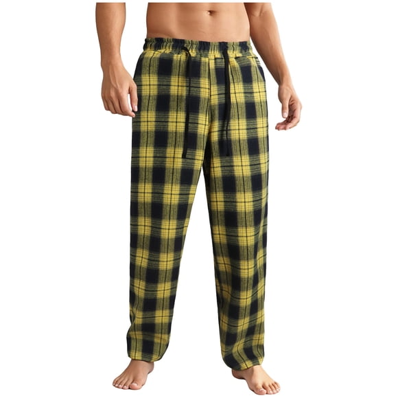 Pxkloy Mens Flannel Pajama Pant Elastic Waist Drawstring Loungewear Lightweight Plaid Straight Leg Pj Pants Sleep Bottoms with Pockets 2025 Yellow,L