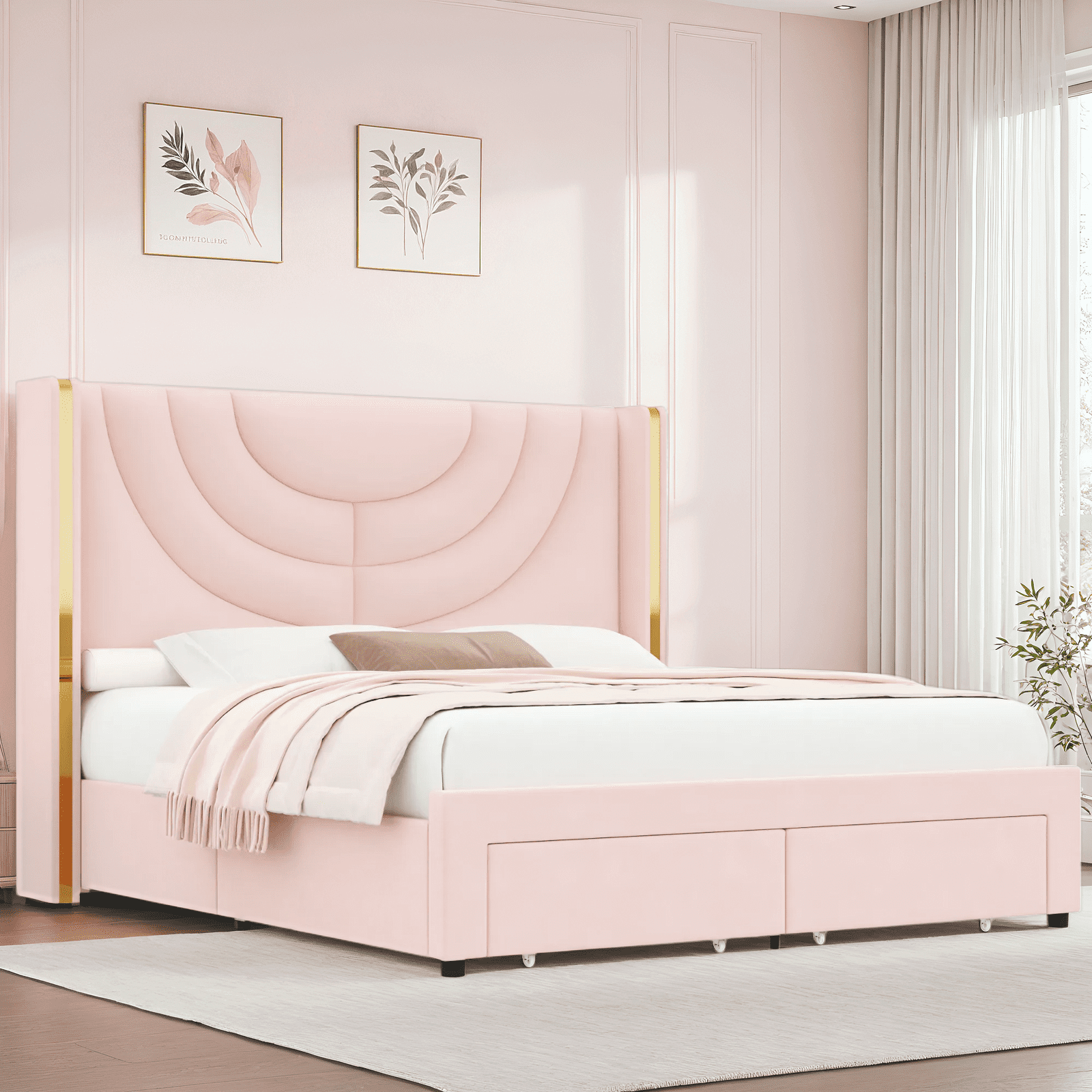 Homfa Full Size LED Bed Frame with 2 Drawer Storage, Wingback Platform Bed with Velvet Upholstered Headboard, Pink
